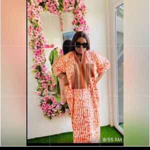 New long dress African Kapala Dye  V Neck  orange color with Matching Scarf